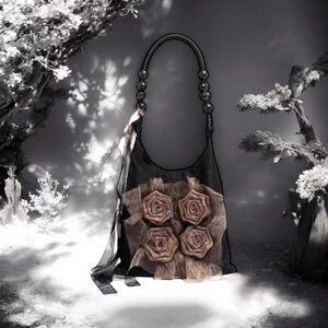🆕 Vintage Grass Tie-Dye Rose Flower Bag Pleated Armpit Bag Beaded - Black